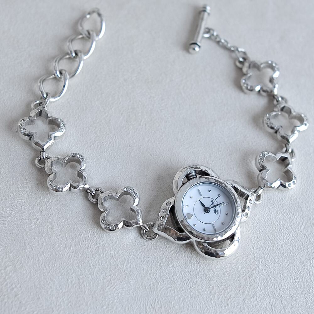 Brighton Bilbao Hammered Silver Watch Rhinestone Accents Toggle Clasp Quartz